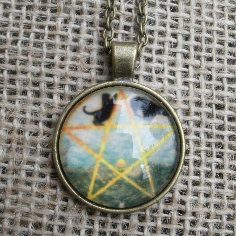 Pentacle with Cat & Raven Glass Cabochon Pendant Necklace